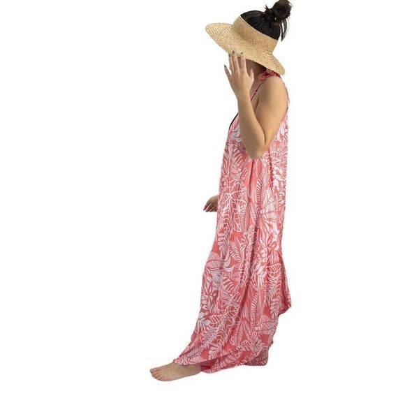 Po`a‘lima Coral White Tropical Floral Boho Wide Leg Beach Summer Romper - Picture 11 of 15